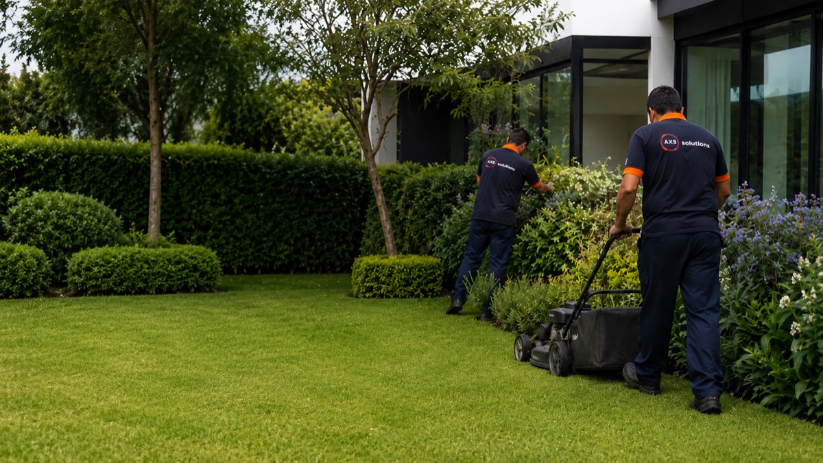 Personal de AXS Solutions realizando mantenimiento de jardín y espacios verdes